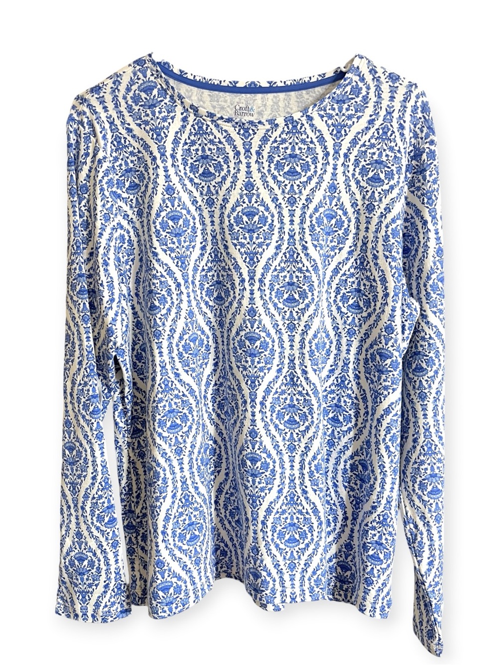 100% Cotton  Long Sleeve Blue Floral Medallion Print Tee,  XL